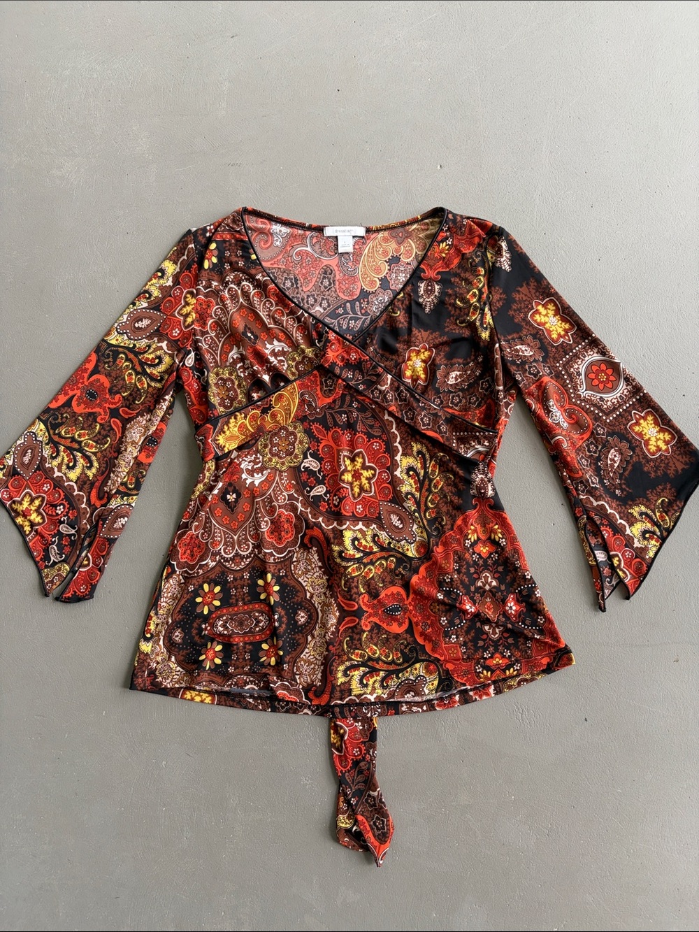 dressbarn Red Multi Paisley Wrap-Style Blouse With Tie Back